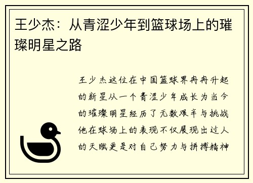 王少杰：从青涩少年到篮球场上的璀璨明星之路